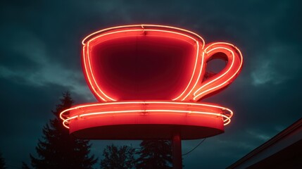 Vibrant Red Neon Coffee Cup Sign Glowing Brightly Against a Dark Night Sky