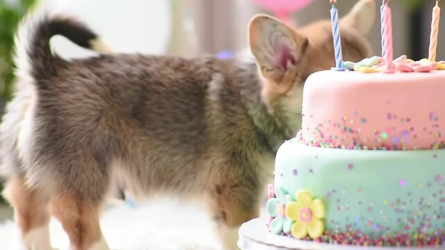 Cute corgi puppy with birthday cake and candles, celebrating, happy dog, pet, party