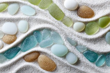 Vibrant Sea Glass and Smooth Pebbles on White Sand