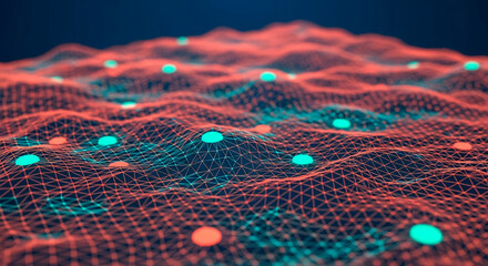 Abstract image of a red and teal network, creating a flowing, wave-like pattern suggesting connection and digital landscape