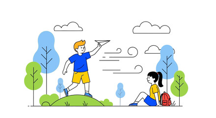 Young Individuals Enjoying Leisure Time outdoors Together with a Paper Airplane