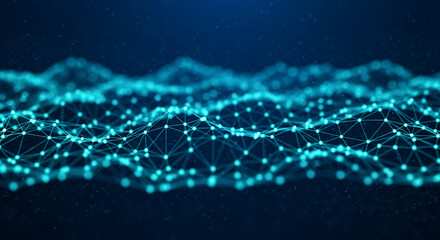 Abstract image of turquoise network nodes and connections forming a wave-like pattern on dark blue background, symbolizing digital connectivity, technology, or data flow