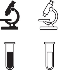 Isolated microscope icons, solid microscope, line microscope, test tube icons, filled test tube, thin stroke test tube, minimal black vector, editable science lab research design
