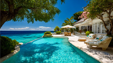 Fototapeta premium Luxury seaside poolside retreat with tropical scenery and ocean views