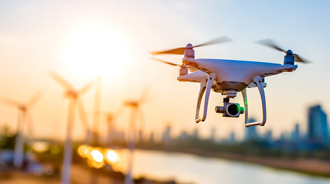 Drone flying over a river with wind turbines and city skyline at sunset - Powered by Adobe