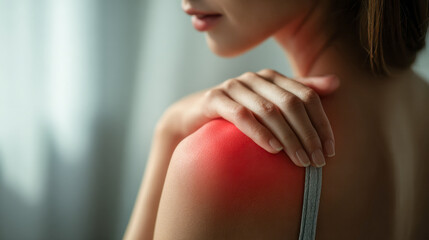 Woman gently holding her shoulder showing discomfort or pain with a red highlighted area indicating inflammation or injury in a softly lit environment