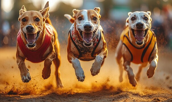 Three dogs in mid-air, running a race.  Sunlight, dust