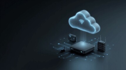 Futuristic cloud computing concept with glowing network connections and sleek digital devices symbolizing data transfer and connectivity in a modern technological landscape