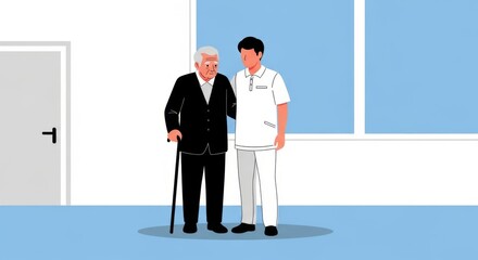 Fototapeta premium Elderly Man with Caregiver Support , Compassion and Care Illustration with Minimal Blue Background