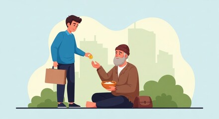 Fototapeta premium Man Helping Homeless Beggar with Donation , Charity, Kindness, and Humanity Concept Art
