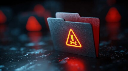 Urgent digital warning sign on a dark digital background with red alert lights, symbolizing cybersecurity threats and data breach risks for businesses.