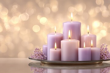 Warm, glowing purple and pink pillar candles provide a tranquil, soft light.