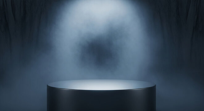 Dark cylindrical podium, spotlight lit, smoky blue background, ideal product showcase, minimalist design,  free space for text or logo