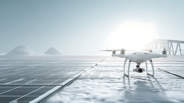 Drone hovering over solar panels in a snowy industrial landscape with distant structures