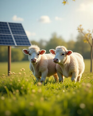 Fototapeta premium Two adorable calf standing side by side near a solar panel in a sunny field. The young calves are in a natural outdoor setting under a clear sky.