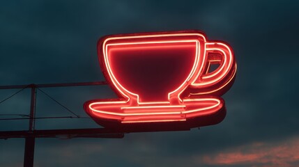 Vintage Red Neon Coffee Cup Sign Illuminates Dusk Sky