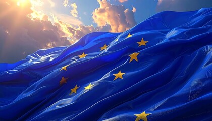 European Union flag billowing in a dramatic sunset sky