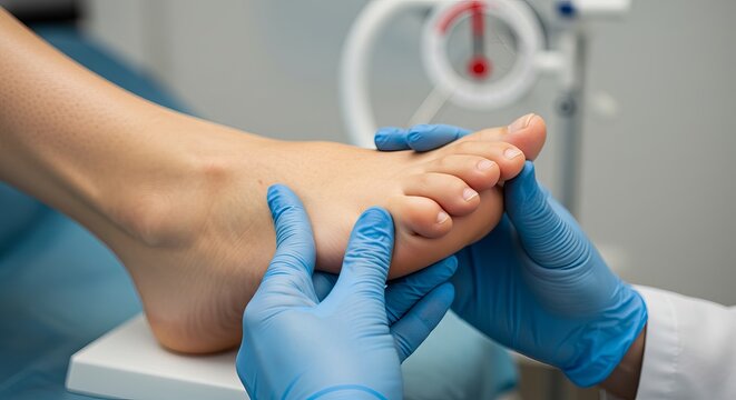A close-up shot of a healthcare professional in blue gloves examining a patient's foot, with medical equipment in the background.