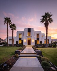 Obraz premium A stunning, modern architectural home, illuminated by the golden hour, stands stately amidst lush landscaping.