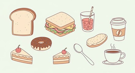 Collection of food items line art illustration