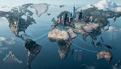 A stylized world map with a city rising from the land, connected by digital lines.