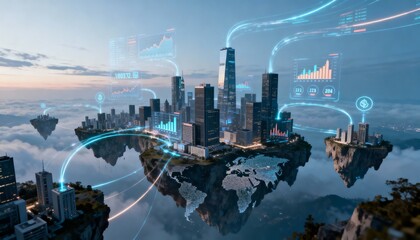 Futuristic cityscape floating above a world map reflection, connected by glowing data streams and overlaid with digital graphs.