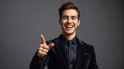 Portrait of cheerful excited joyful satisfied handsome attractive businessman guy dressed in formal outfit dark velvet pointing on empty blank copyspace isolated on gray background copy-space