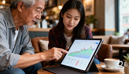 Senior man and young woman looking at a financial chart on a tablet in a cafe, discussing investments.