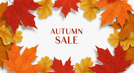 Red and orange autumn leaves frame a white space, ideal for text, promoting autumn sale announcements, showcasing seasonal offers, or creating a fall-themed banner
