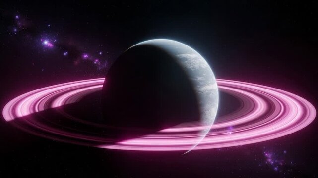 A ringed planet glows with pink light in the vastness of space - Powered by Adobe