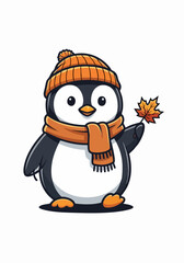 Obraz premium Autumn animals depicted with cute penguin wearing warm clothes isolated on white backdrop. Autumn animals illustration displays orange scarf and hat, holding maple leaf,