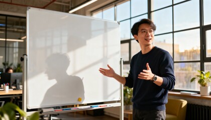 A young Asian man presents near a whiteboard in a bright, modern office space, gesturing with his hands.