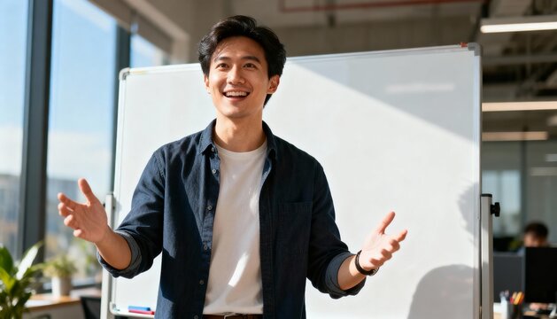 Smiling Asian man giving a presentation in a bright office space, gesturing with open hands. - Powered by Adobe