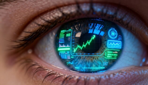 A human eye displays a futuristic, glowing interface showing financial data and an upward trending graph. - Powered by Adobe