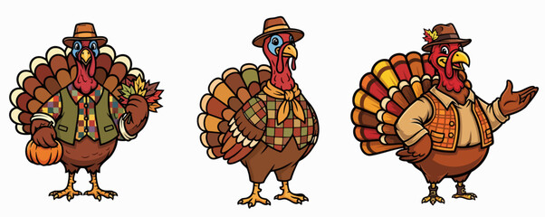 Three cute cartoon turkey birds wearing autumn clothes isolated on white, depicting festive thanksgiving themes. These cartoon turkey birds are adorned in stylish hats and vests,