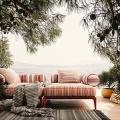 Modern outdoor scene with colorful sofa and beautiful sea view. 3D Rendering, 3D Illustration