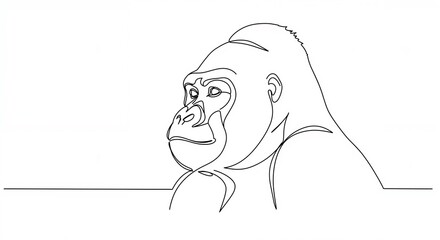 Obraz premium Pensive gorilla, thoughtful, animal in profile, in a continuous line drawing style with copy space