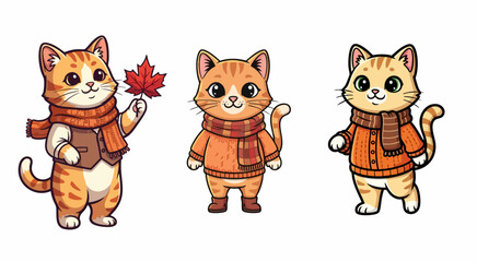 Three cats in autumn clothing isolated on white, these charming kittens, all cats in autumn clothing, wear seasonal outfits. Cute feline friends in fall sweaters, holding maple leaf,