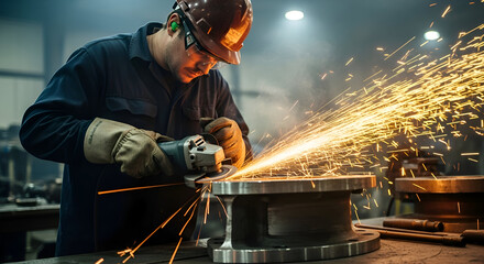 Man grinding metal with sparks flying in a workshop environment