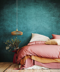 Contemporary bedroom design. Colorful bed on vibrant teal wall background with copy space. 3D...