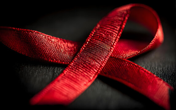 Closeup red ribbon HIV, world AIDS day awareness ribbon on black background. Healthcare and medicine concept.