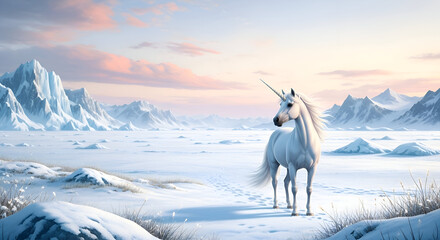 A white unicorn standing in a snowy landscape with mountains far