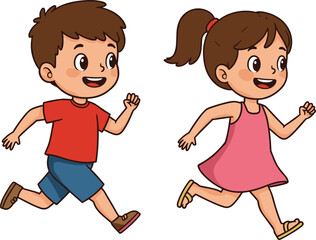 Cartoon children running outdoors, happy kids in motion, playful activity, energetic movement, fun childhood moment, colorful illustration for education