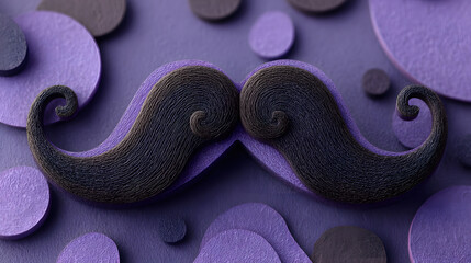 3D illustration of a black curled mustache on a purple background. Movember awareness and men's health campaign concept for design and print.