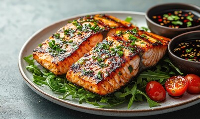 Grilled salmon fillets with herbs and cherry tomatoes