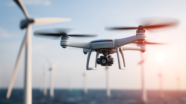 Drone flying near wind turbines over water during sunset