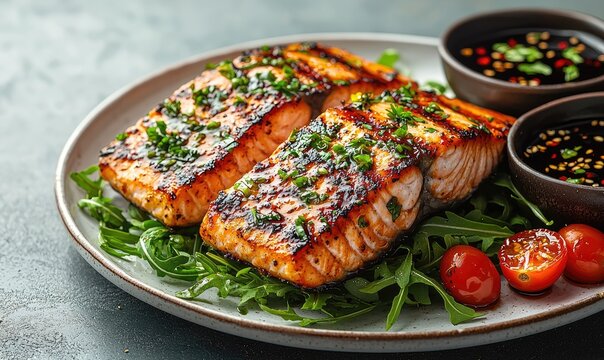 Grilled salmon fillets with herbs and cherry tomatoes - Powered by Adobe