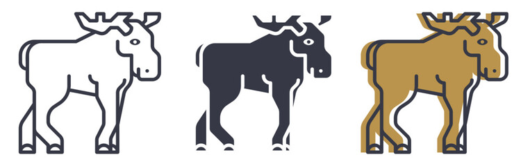Stylized Elk or Moose Icon Set. A set of modern, flat icons featuring a stylized elk or moose in three variations: a simple outline, a solid silhouette, and a colored version. 