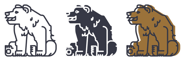 Stylized Bear Icon Set. A set of modern, flat icons featuring a stylized bear in three variations: a simple outline, a solid silhouette, and a colored version with a distinct outline.