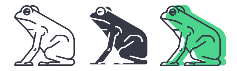 Stylized Toad or Frog Icon Set. A set of modern, flat icons featuring a stylized toad or frog. The design is presented in three variations: a simple outline, a solid silhouette, and a colored version 
